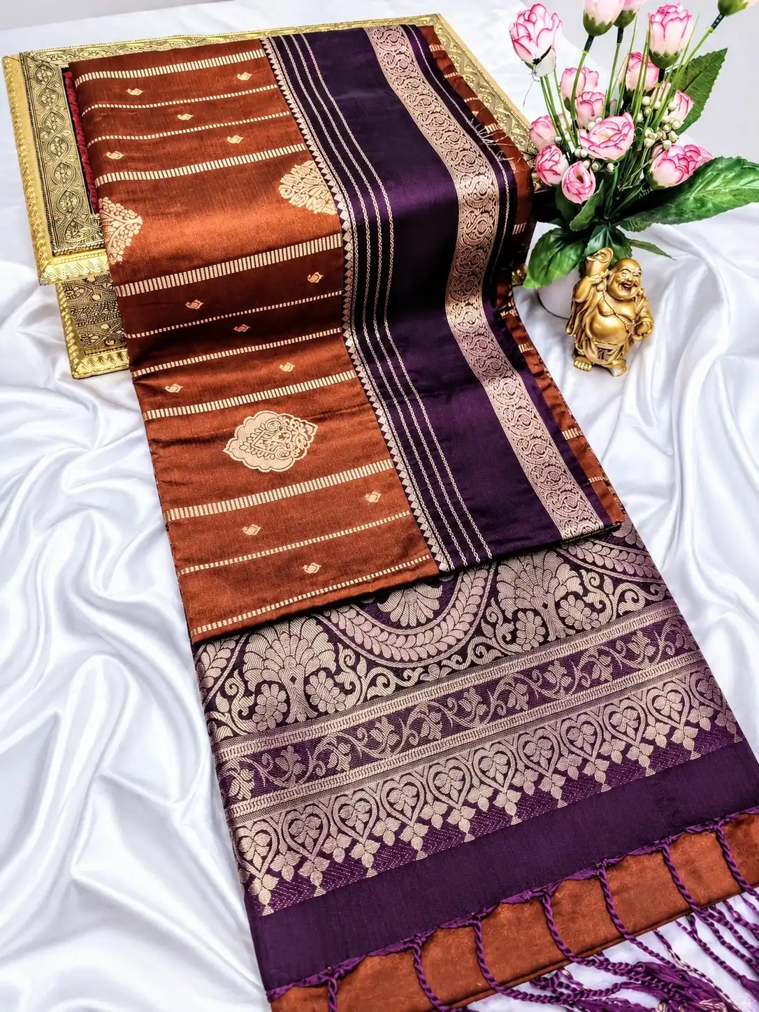 Copper Plum Line Check Zari Semi Kanchipuram Silk Saree